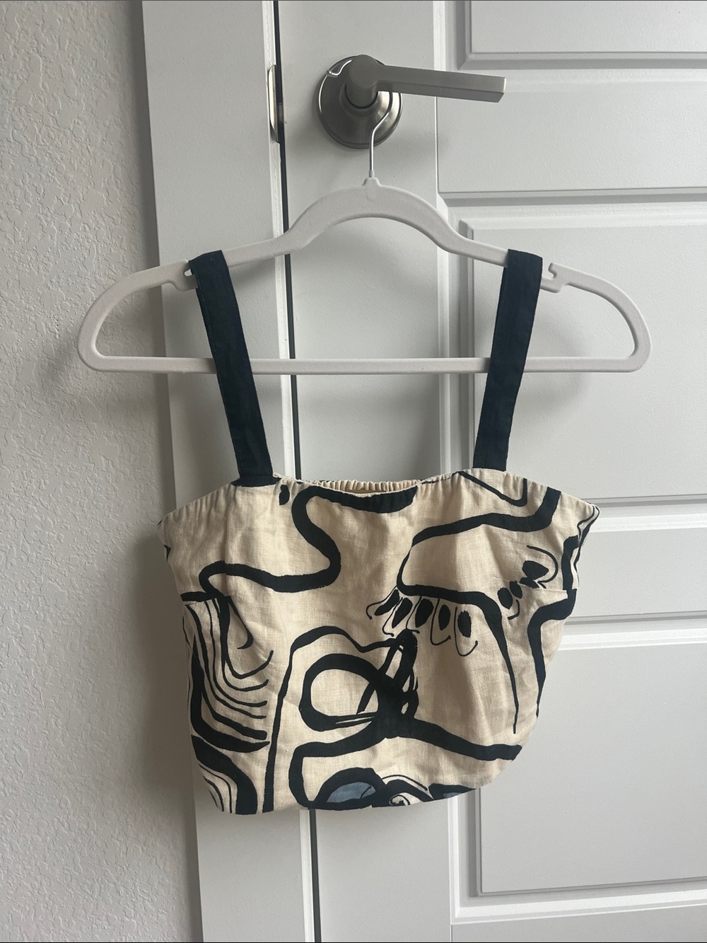 Magaschoni Cream Crop Top with Black Abstract Print and Black Straps